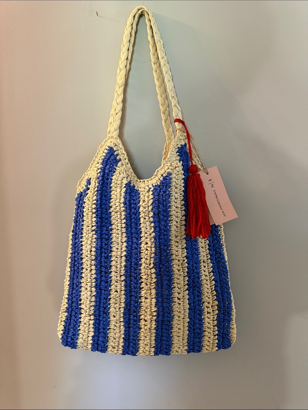 Blue and Cream Striped Handwoven Tote with Red Tassel by E/N Expressions NYC
